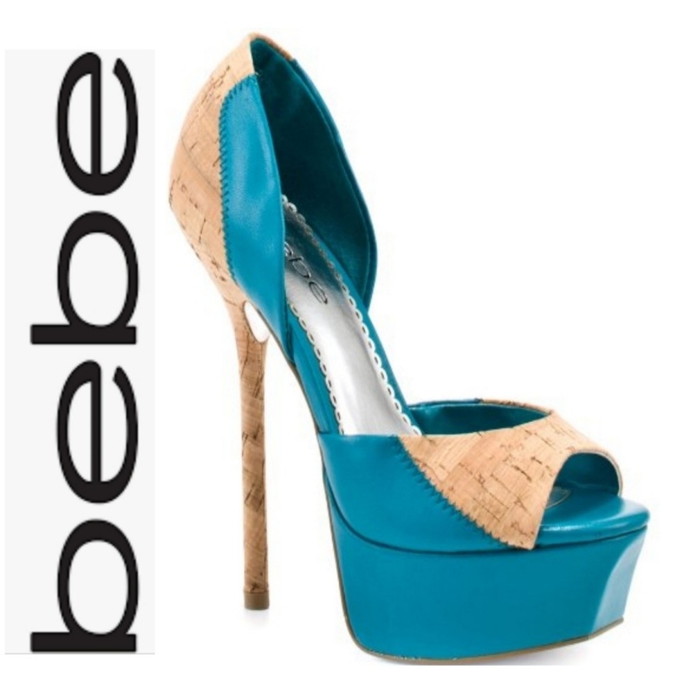 bebe Naina Teal Cork  D'Orsay Stiletto Heels NWOT